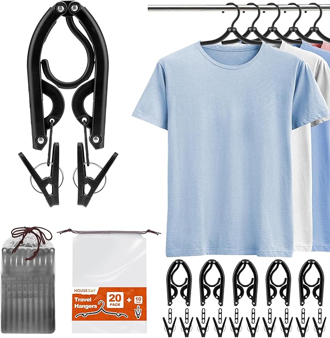 HOUSE DAY Foldable Travel Hangers 20 Pack w/10 Clips, Cruise Essentials 2025 by HOUSEDAY
