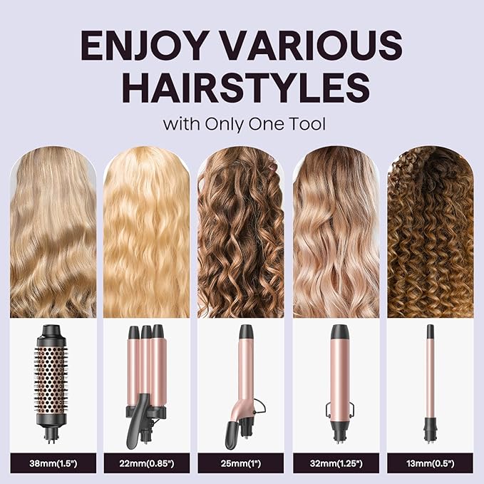 Wavytalk 5 in 1 Curling Wand Set, Dual Voltage Curling Iron Set with 5 Interchangeable Barrels Included A Thermal Brush, A Hair Crimper and 3 Ceramic Curling Wands(0.5"-1.25"), Rose Pink