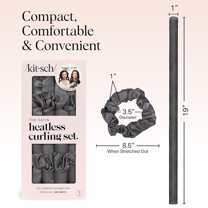 Kitsch Satin Heatless Curlers Set – Heatless Curls Overnight with 34" Hair Curler & 2 Satin Scrunchies – Comfortable Hair Curlers to Sleep In for Frizz-Free, No Heat Damage Styling - Charcoal