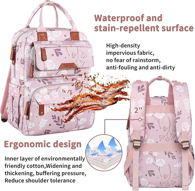 Diaper Bag Backpack for Baby Girl, Large Pink Floral Baby Diaper Bags, Baby - Image 6