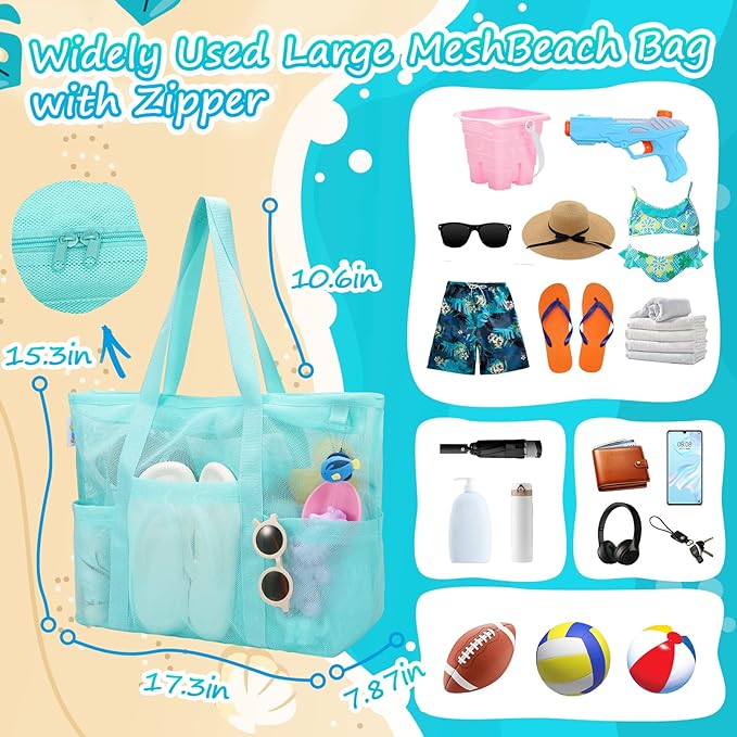 Tagitary Mesh Beach Bag with Zipper Large Beach Tote Waterproof Sandproof with - Image 2