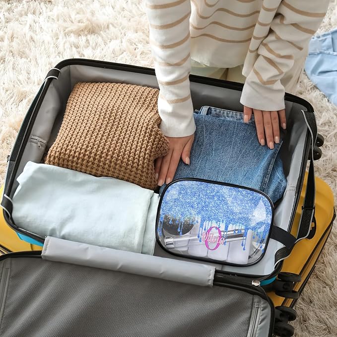 Personalized Travel Transparent Cosmetic Bag Waterproof Makeup Bags, Custom Name Light Sky Blue Curtain Glittering Romantic Organizer Case Clear Toiletries Container Bag