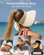 FURTALK Sun Hats for Women Wide Brim Beach Hat Straw Visor Ponytail Summer UV - Image 3