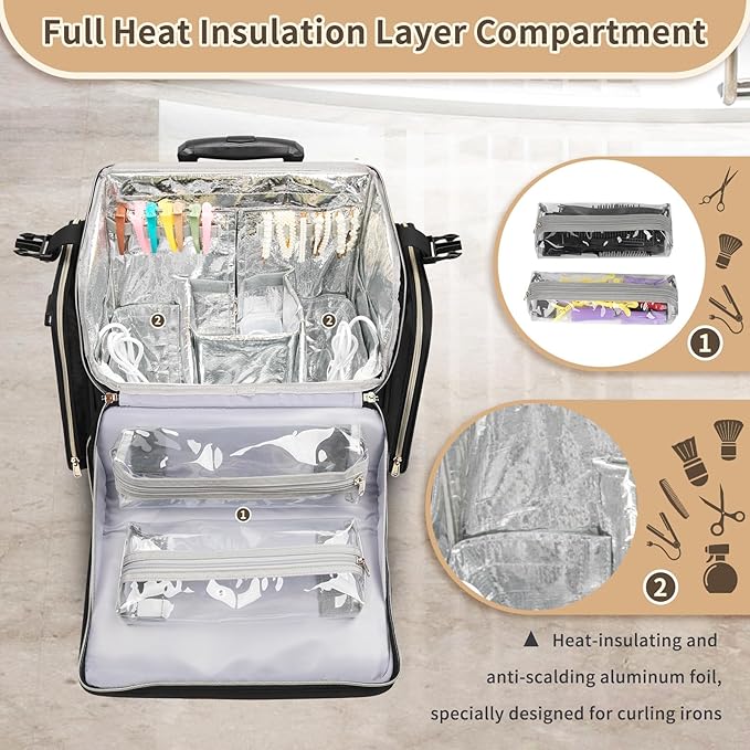 Large Makeup Train Case for Hairstylists & Hairdressers - Cosmetic Organizer with Detachable Pouch, Heat-Insulated & Anti-Scald Full Layer, Hairdressing Tool Storage Trolley with 4 360° Swivel Wheels