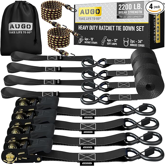 AUGO Ratchet Straps Heavy Duty 4 Pack -15 FT - 2200 LB Break Strength – - Cargo by AUGO