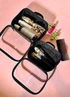Clear Makeup Bag Set - Premium Quality Travel Cosmetic Bag w/Clear Transparent Front - 3pcs Gift for Travelers - Large & Small Makeup Bags & Portable Mirror in a Beautiful Gift Box, Black