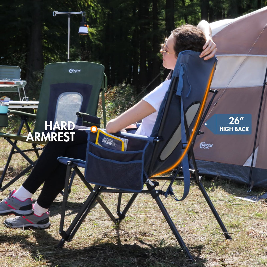 Oversized Folding High Back Portable Lawn Chairs for Adults Outdoor Camp Sports Hunting Fishing Backyard with Hard Armrest Cup Holder Carrying Strap (Blue 2 Packs / Mesh back)