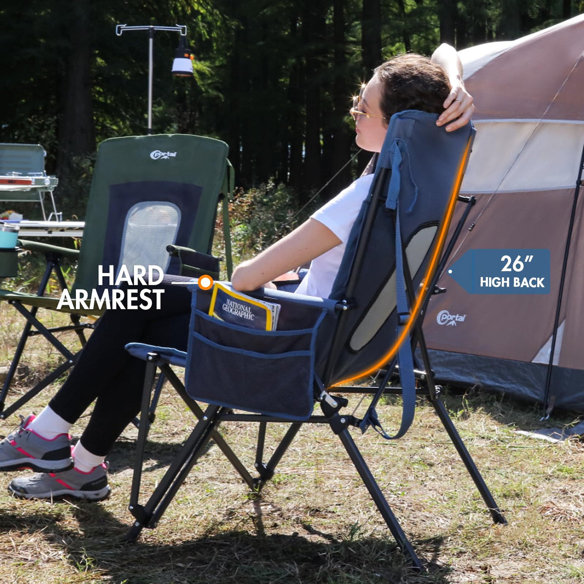 Oversized Folding High Back Portable Lawn Chairs for Adults Outdoor Camp Sports Hunting Fishing Backyard with Hard Armrest Cup Holder Carrying Strap (Blue 2 Packs / Mesh back)
