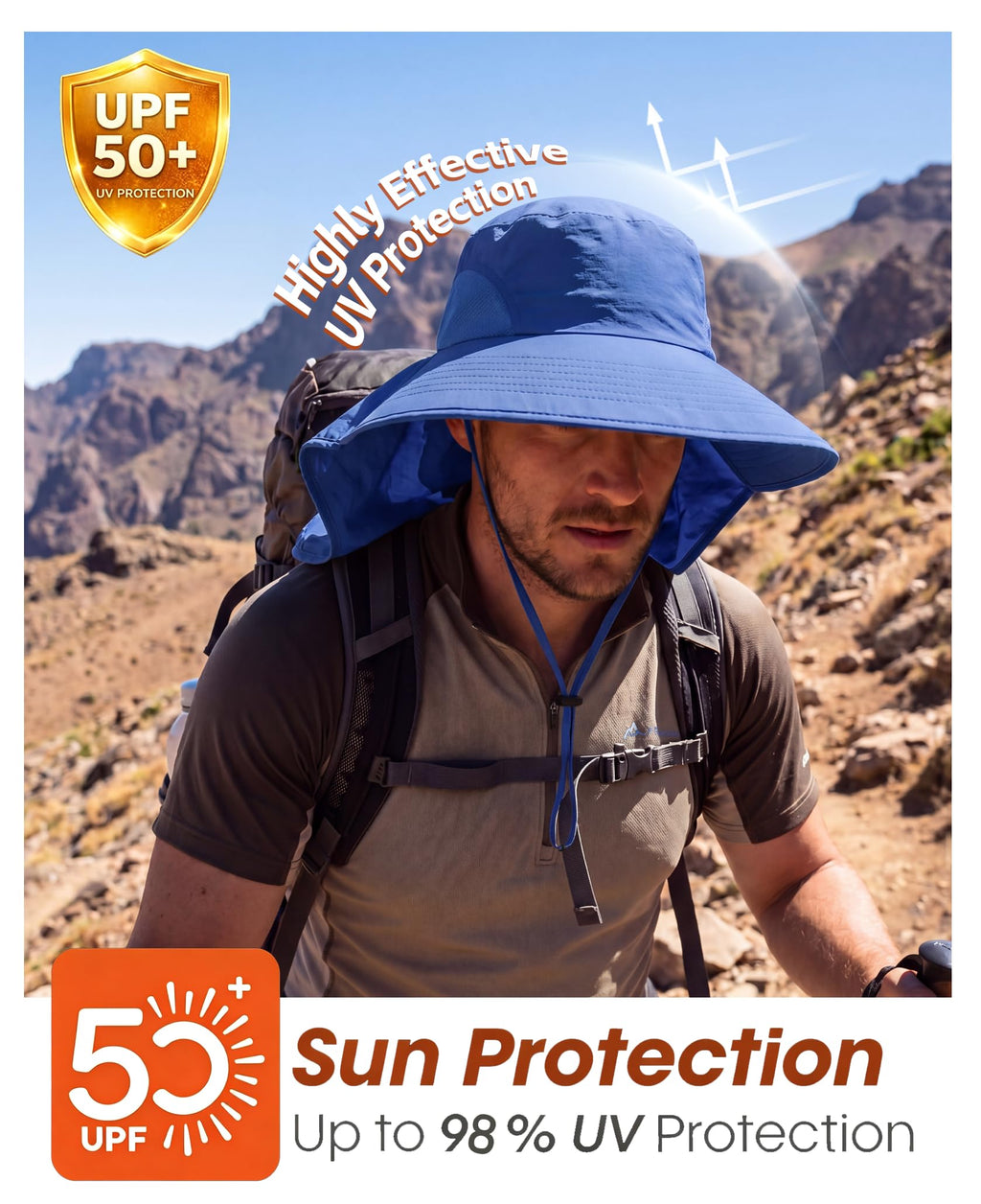 Outdoor UPF50+ Sun Hat Wide Brim Mesh Fishing Hat with Neck Flap (Large-X-Large / Bright Blue)