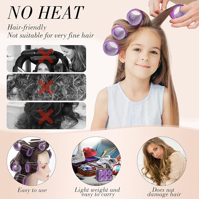 obeoby 4 Sizes Rollers Hair Curlers, 50 Pcs Set Jumbo Hair Rollers 25mm 36mm 48mm 60mm Self-Grip Hair Rollers with Clips, Curlers for Women Long, Short Hair and Bangs (Purple)