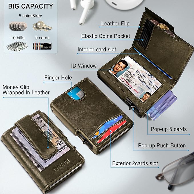 Men Wallet, with Money Clip Coins Pocket ID Window, Slim Front Pocket RFID - Image 2