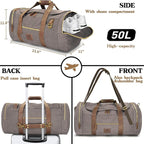 Vintage Canvas Duffle Bag, 50L Genuine Leather Travel Duffel Backpack - Image 3