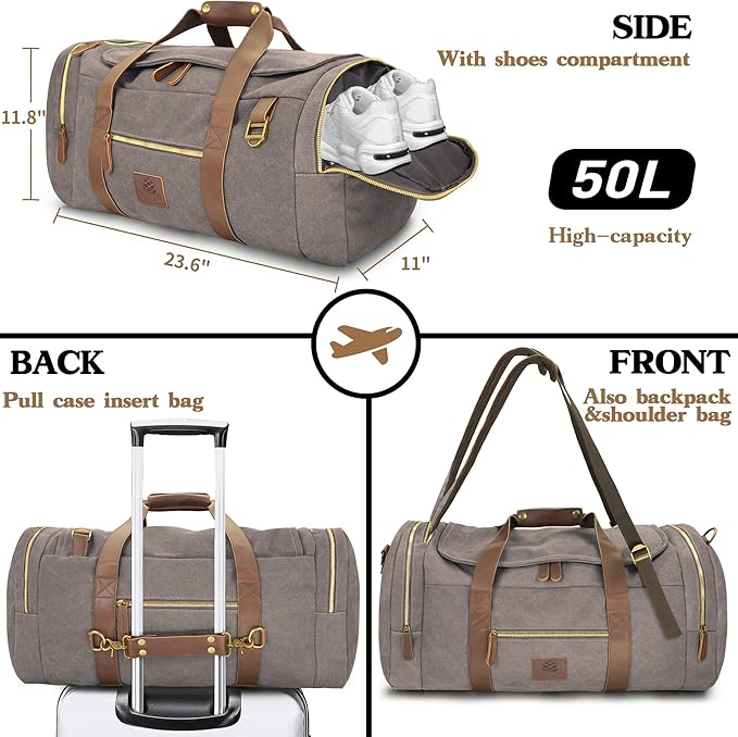 Vintage Canvas Duffle Bag, 50L Genuine Leather Travel Duffel Backpack - Image 3