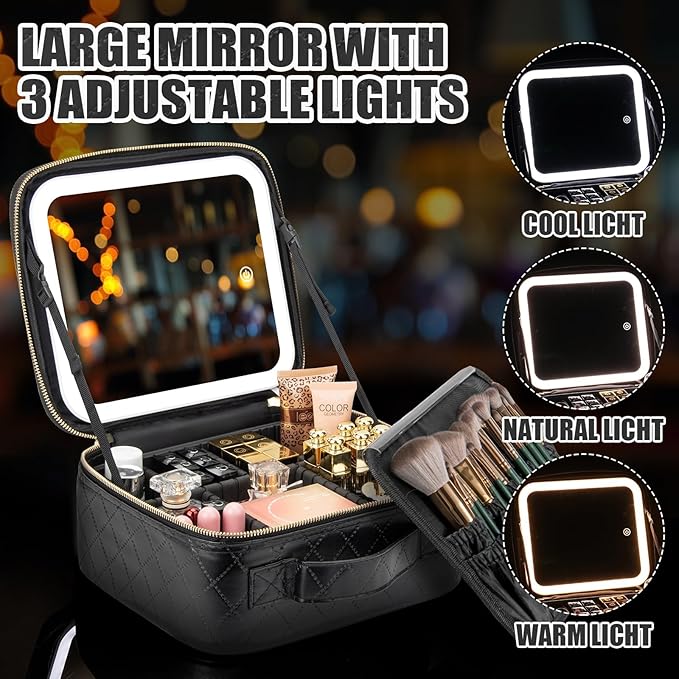 Makeup Travel Train Case with Mirror LED Light 3 Adjustable Brightness Cosmetic - Image 4