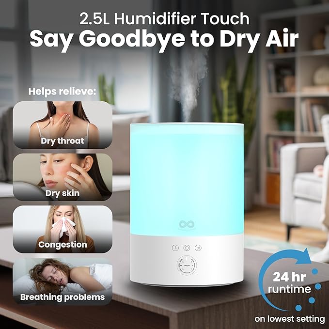 Everlasting Comfort 2.5L Top Fill Humidifiers for Bedroom - Quiet Easy to Fill & Clean, 24HR Runtime, Night Lights, Timer, Ultrasonic Cool Mist Humidifier, Auto Shut-Off, Essential Oil Diffuser