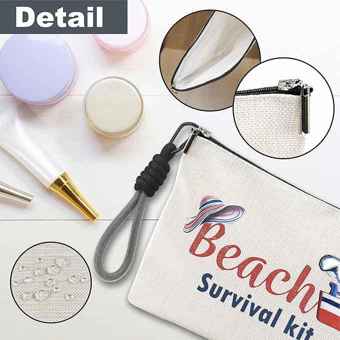 Funny Make Up Bag For Woman, Cosmetic Bag With Hand Strap- Beach Survival Kit - Lined Toiletry Bag - Retro Summer Theme Pouch, Girl Organizer With Zipper, Women Essentials & Accessories - B05