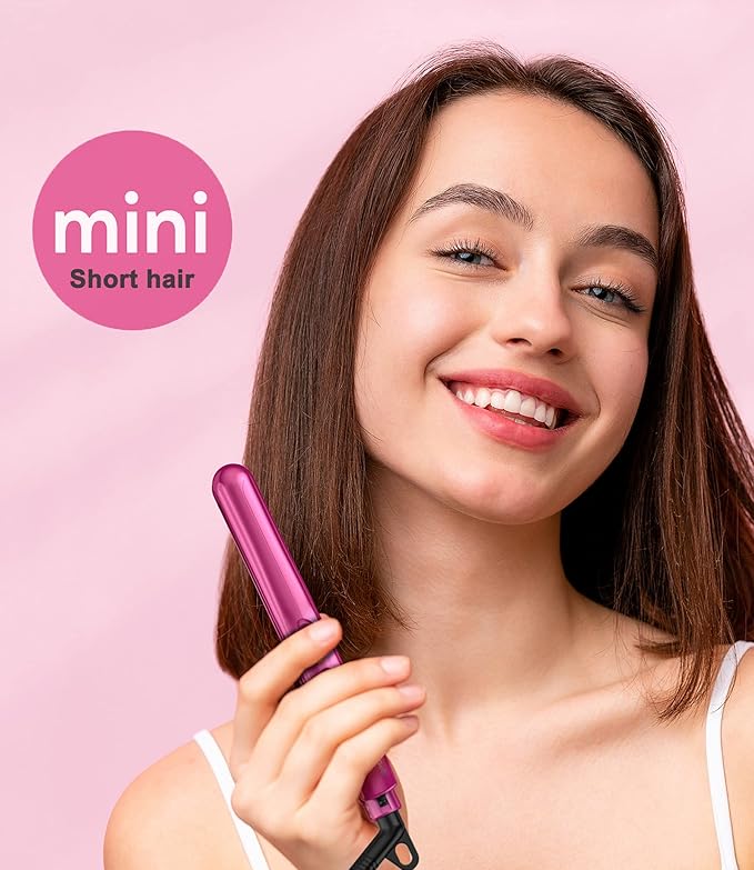 Terviiix Mini Flat Iron for Bangs Short Hair Edges, 1/2 Inch Small Hair Straightener and Curler 2-in-1, Ceramic Travel Flat Iron with Dual Voltage, 430°F Fast Heat, Pouch — Pink
