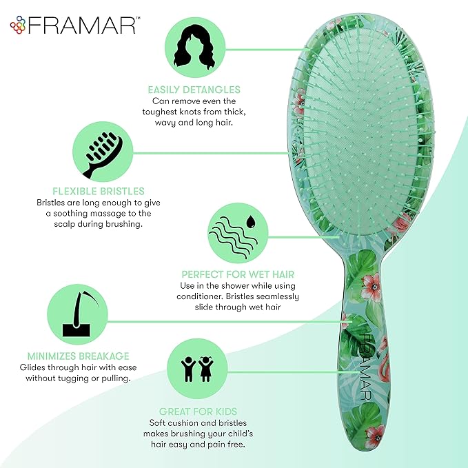 FRAMAR Green Hair Brush Detangler, Detangling Hairbrush For Women, Wet Hair Brush For Girls, Hair Detangler Brush, Wet Hairbrush, Hairbrushes, Girls Hairbrush Detangler, Reduces Frizz - Floral