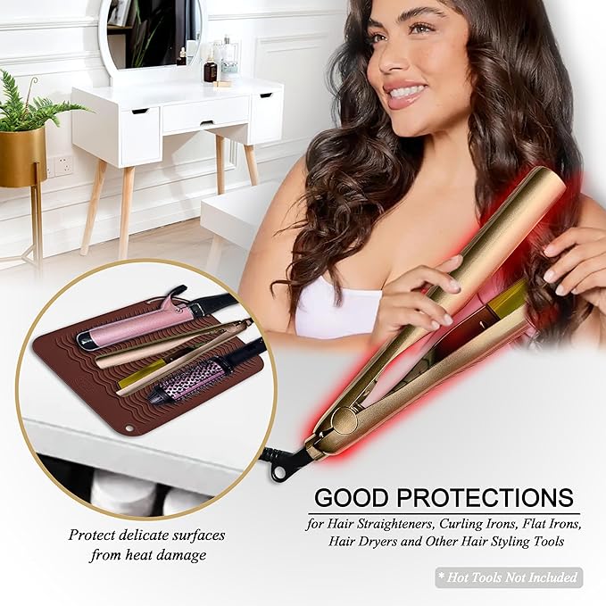 12" X 9" Large Heat Resistant Silicone Mat for Hair Styling Tools, Curling Iron Mat, Flat Iron Holder, Hair Straightener Pad, Makeup Mat, Hot Tools Mat for Travel Vanity Salon - Mocha Brown
