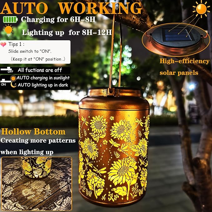 Solar Lanterns for Outside, Sunflower and Dragonfly Garden Decor Lights - Image 2