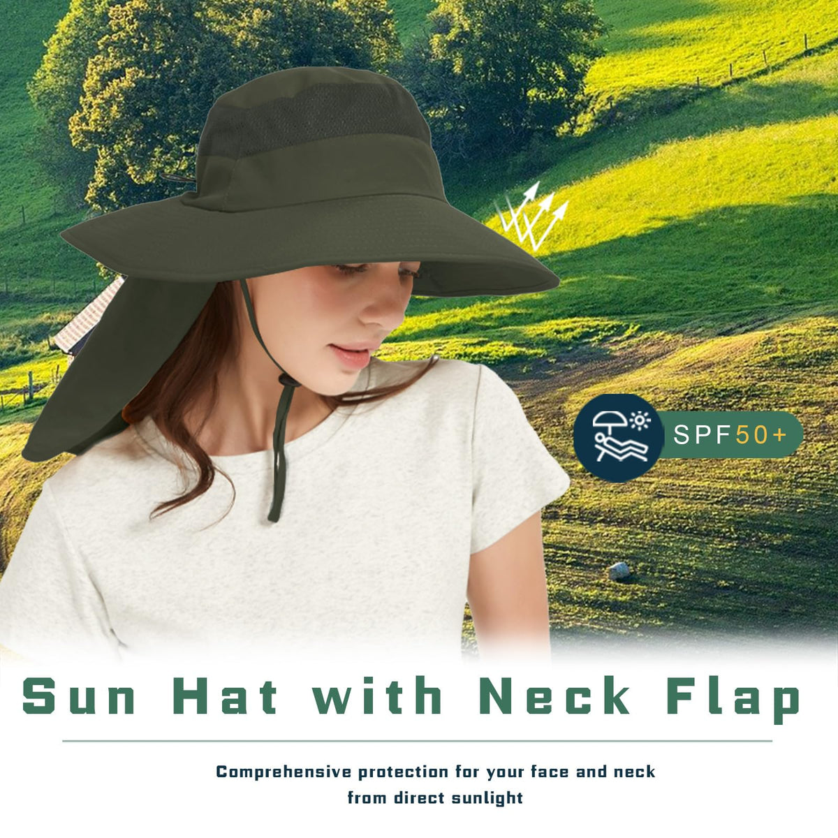 Fishing Hat Breathable Wide Brim Sun Hats with Neck Flap Bucket Hat Outdoor Safari Hat for Men Women UPF 50+ Sun Protection ArmyGreen (Armygreen)
