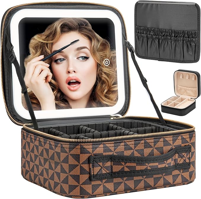 Makeup Travel Train Case with Mirror LED Light 3 Adjustable Brightness Large by Extrei+Gent