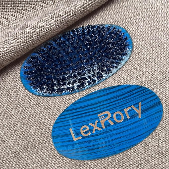 Curved Wave Brush for Men 360 - Medium Hard Palm Hair Brushes with Boar Bristles for Black Hair Wavers to Creating 360 Waves (Stripes Blue)