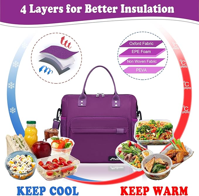 Purple Lunch Box for Women Insulated Lunch Bag Fits Bento Boxes, Snack and Foods - Image 4