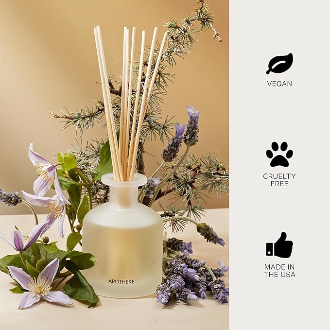 Apotheke Luxury Scented Reed Diffuser for Home, Hinoki Lavender - 6.7 Fl Oz Essential Oil Aromatherapy - 10 Rattan Scent Sticks Room Diffuser - Long-Lasting Fragrance for Bedroom, Home, Bathroom