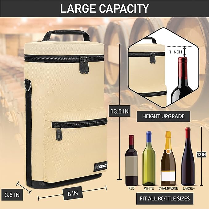 opux Wine Bag 2 Bottle Wine Tote Carrier, Insulated Wine Cooler Bag - Image 3