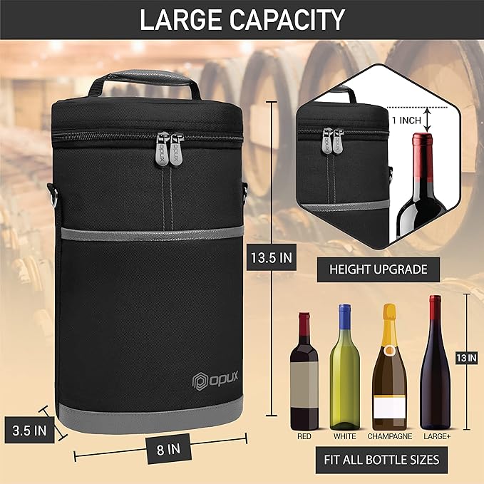 OPUX 2 Bottle Wine Carrier Tote, Insulated Leakproof Wine Cooler Bag, Wine - Image 3