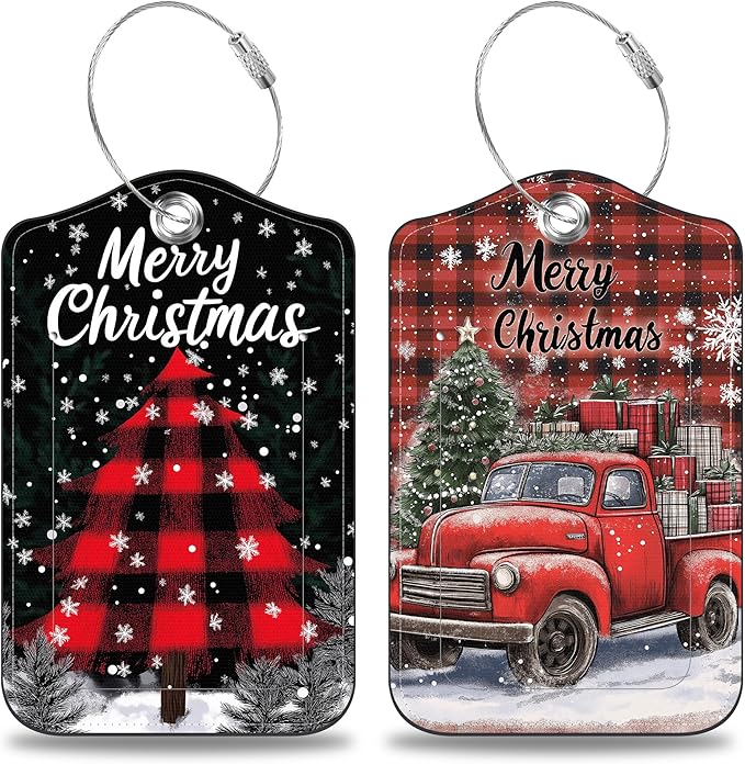 2 Pcs Red and Black Checkered Christmas Tree Luggage Tags by Unknown