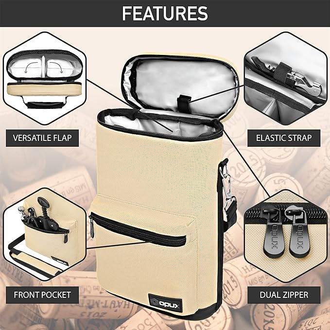 opux Wine Bag 2 Bottle Wine Tote Carrier, Insulated Wine Cooler Bag - Image 4