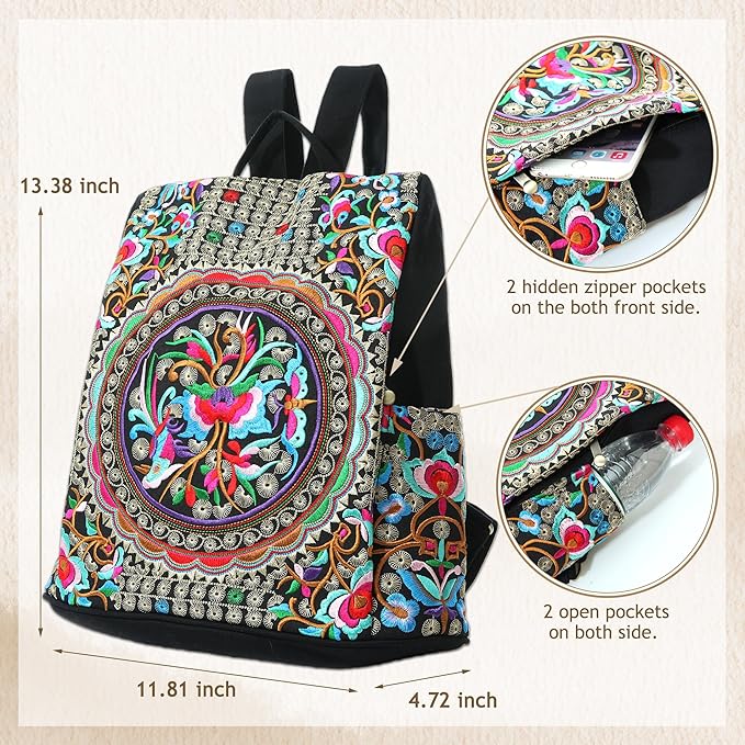 Jursccu Embroidered Women Backpack Purse, Fashion Canvas Travel Anti-theft - Image 5