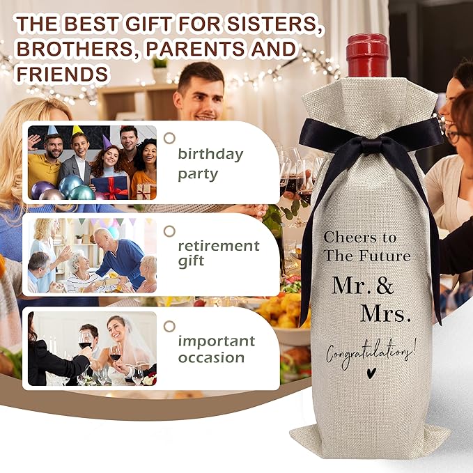RYIGYWE 1 PCS Black Bow Ribbon Ideas Engagement Gift Wine Bag - Bride to Be Gifts for Bridesmaids Bride Groom Couples Her Him Officiant Gift for Getting Married Engagement Bridal Shower - A45