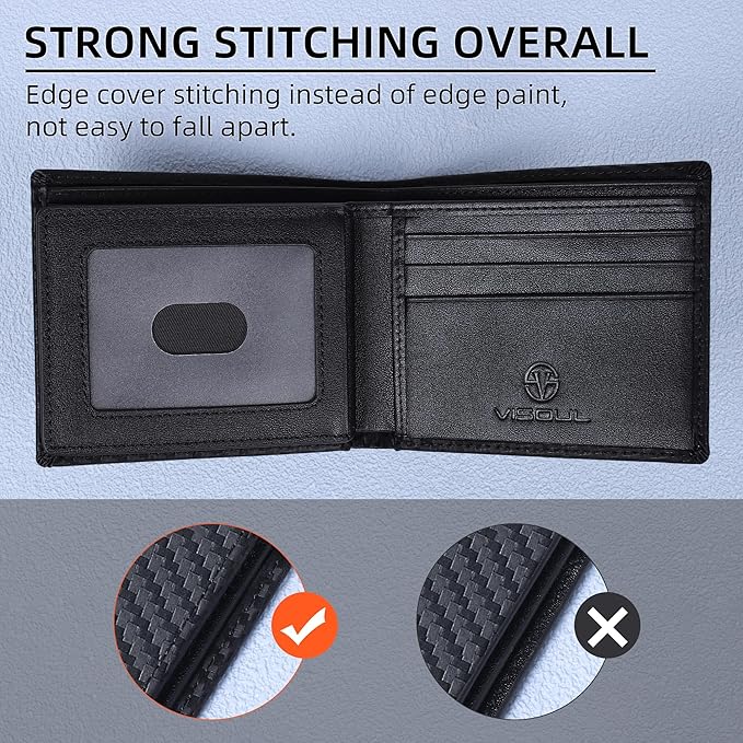VISOUL Mens Carbon Fiber Leather Bifold Wallet - Image 7