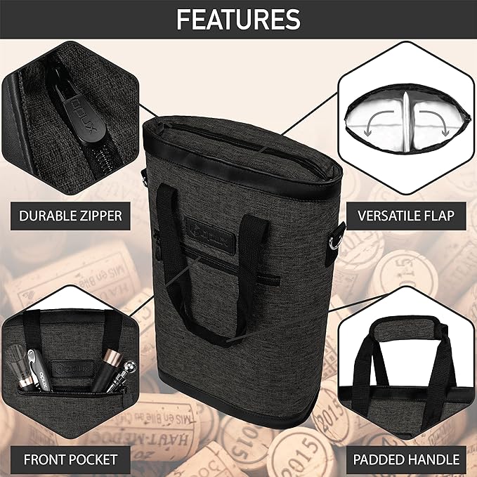 opux Two Bottle Wine Bag Carrier Tote, Insulated Leakproof 2 Bottle Wine Cooler - Image 5