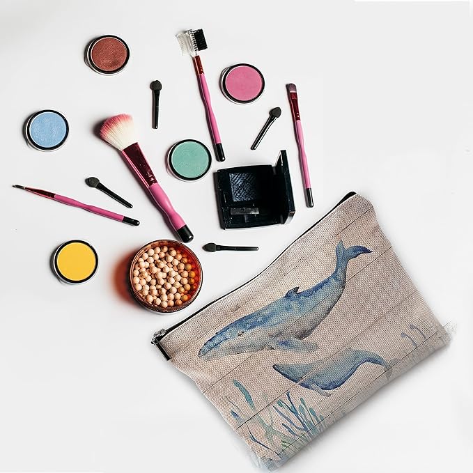 Watercolor Beach Ocean Whale Makeup Bag Travel Cosmetic Bags,Rustic Marine Life Sea Animal Cosmetic Bags with Zipper Pouch Travel Toiletry Case,Gifts for Whale Lovers