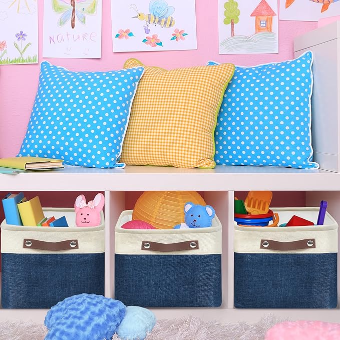 SIMPLE HOUSEWARE Large Fabric Storage Bin, 3 Pack, Steel Blue - Image 6