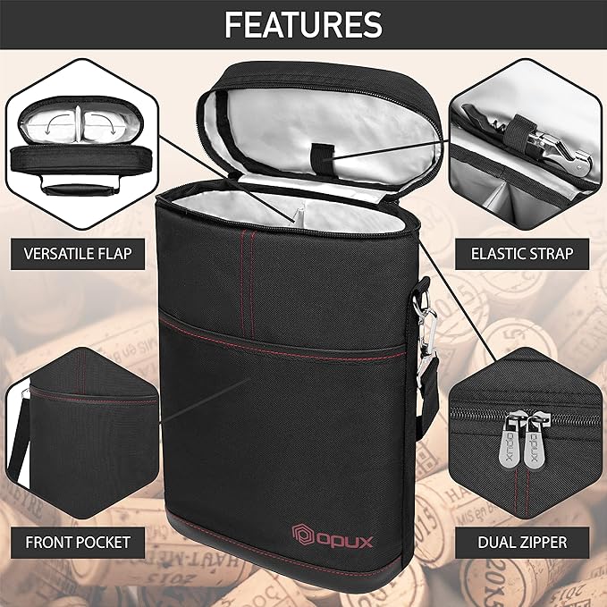 opux 2 Bottle Wine Carrier Tote, Insulated Leakproof Wine Cooler Bag, Wine - Image 4