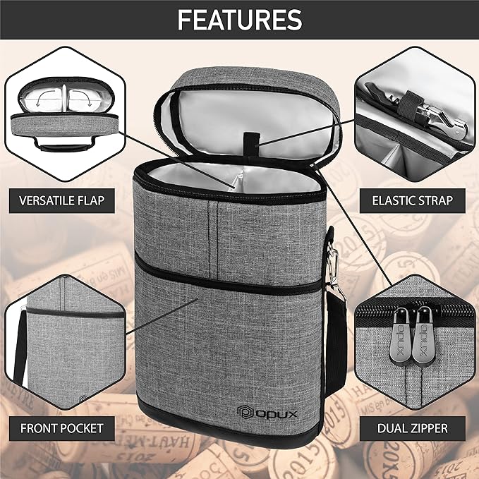opux 2 Bottle Wine Carrier Tote, Insulated Leakproof Wine Cooler Bag, Wine - Image 4