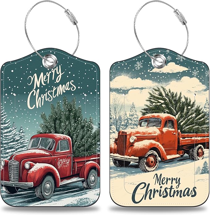 Red Truck Carrying Christmas Tree Set of 2 Luggage Tags by Unknown