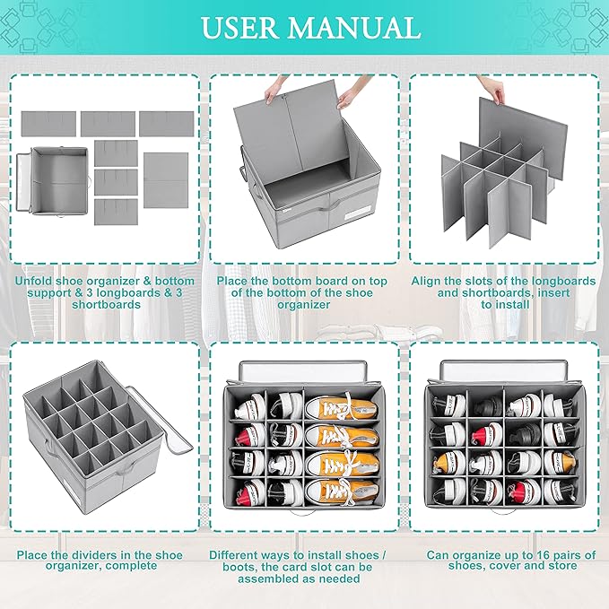 LUVHOMEE Shoe Organizer for Closet, Fits 16 Pairs, Large Shoe Box Storage - Image 6