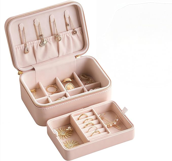 small travel jewelry case, Double Layer Travel Jewelry Box Organizer, Leather - Image 7