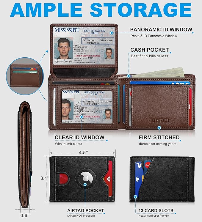 Airtag Wallet for Men, with Cash Pocket 2 ID Window 13 Cards, Slim Leather - Image 2