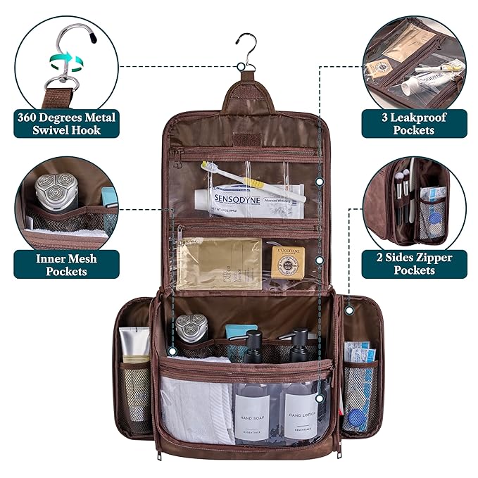 PAVILIA Large Hanging Toiletry Bag Travel Bag Women Men, PU Leather Cosmetic - Image 3