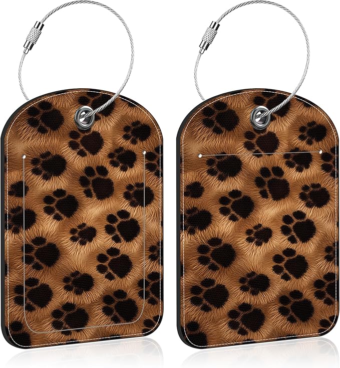 Brown Black Animal Print Paw Prints Leather Luggage Tag by Unknown