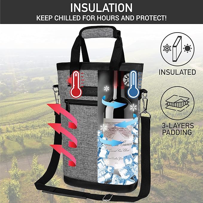 opux Two Bottle Wine Bag Carrier Tote, Insulated Leakproof 2 Bottle Wine Cooler - Image 3