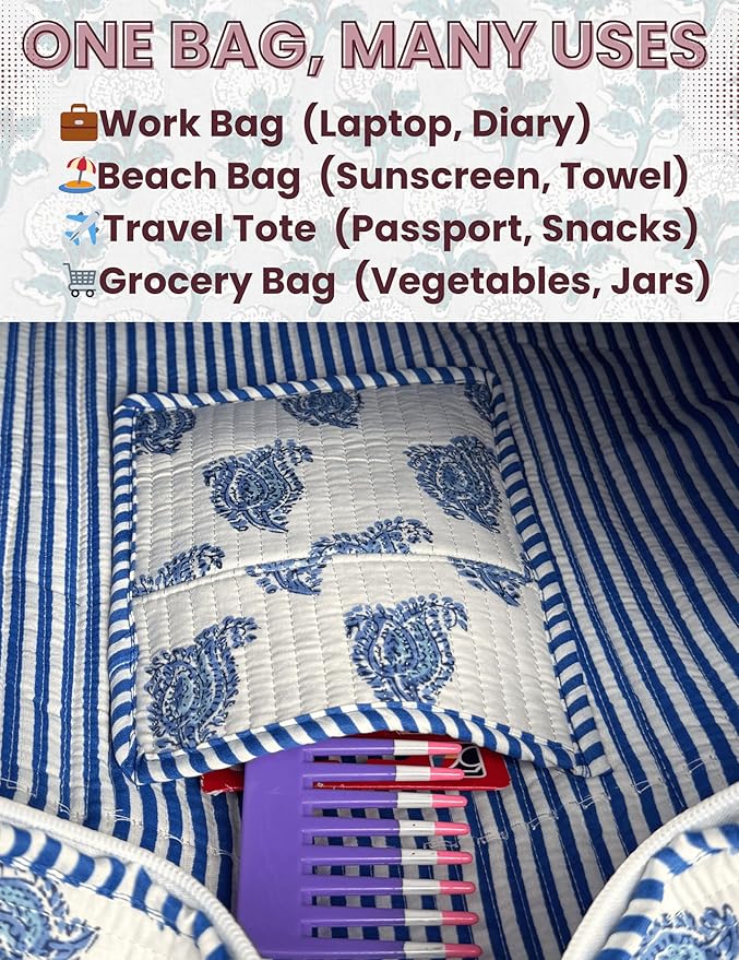 Cotton Quilted Tote Bag for Women – Large Beach & Travel Tote - Image 6