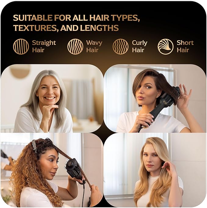Automatic Dual Voltage Blowout Brush Hair Dryer, 4-in-1 Blow Drying Brush, Ionic Hair Straightener w/No Heat Damage, Light 1.3 lb Blowout Tool, Blow Dryer Curling Wand, Hot Air Styler for All Types